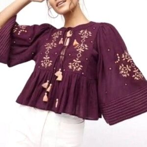 Free People Haute Rogue Lace-Up Flutter-Hem Peasant Blouse BOHO Festival